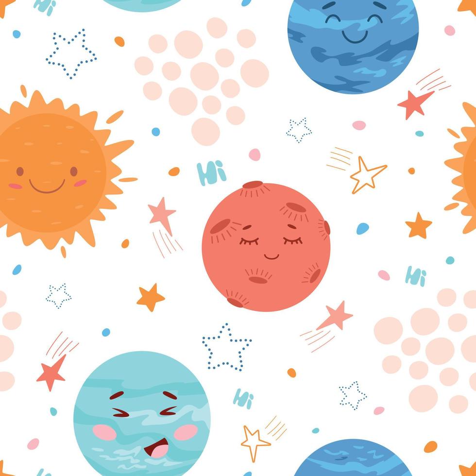 Children's seamless pattern with cute planets on a white background. Gender neutral pattern. Stock vector illustration