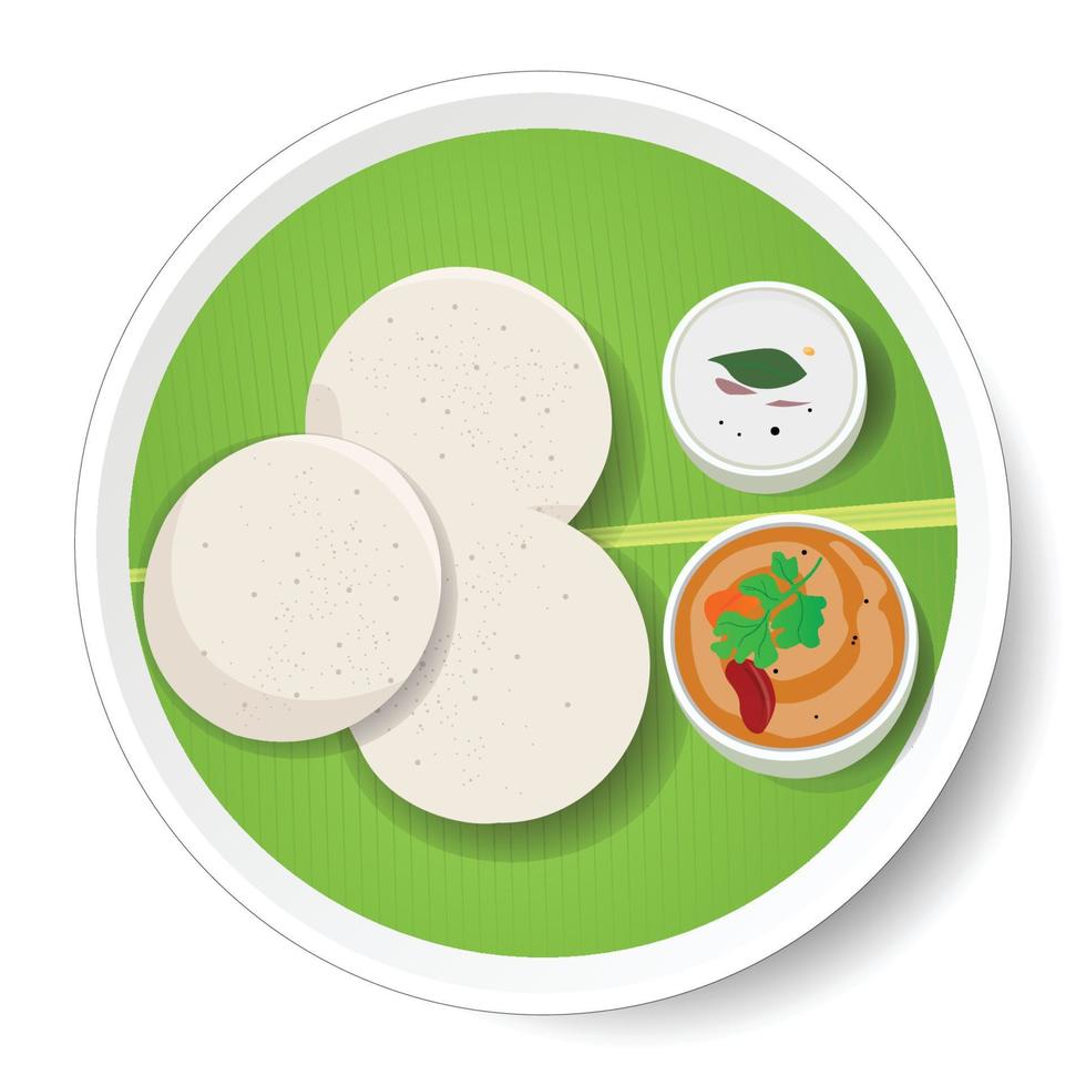 South Indian food Idly with Coconut Chutney and Sambar Served on plate with Banana Leaf, Vector File