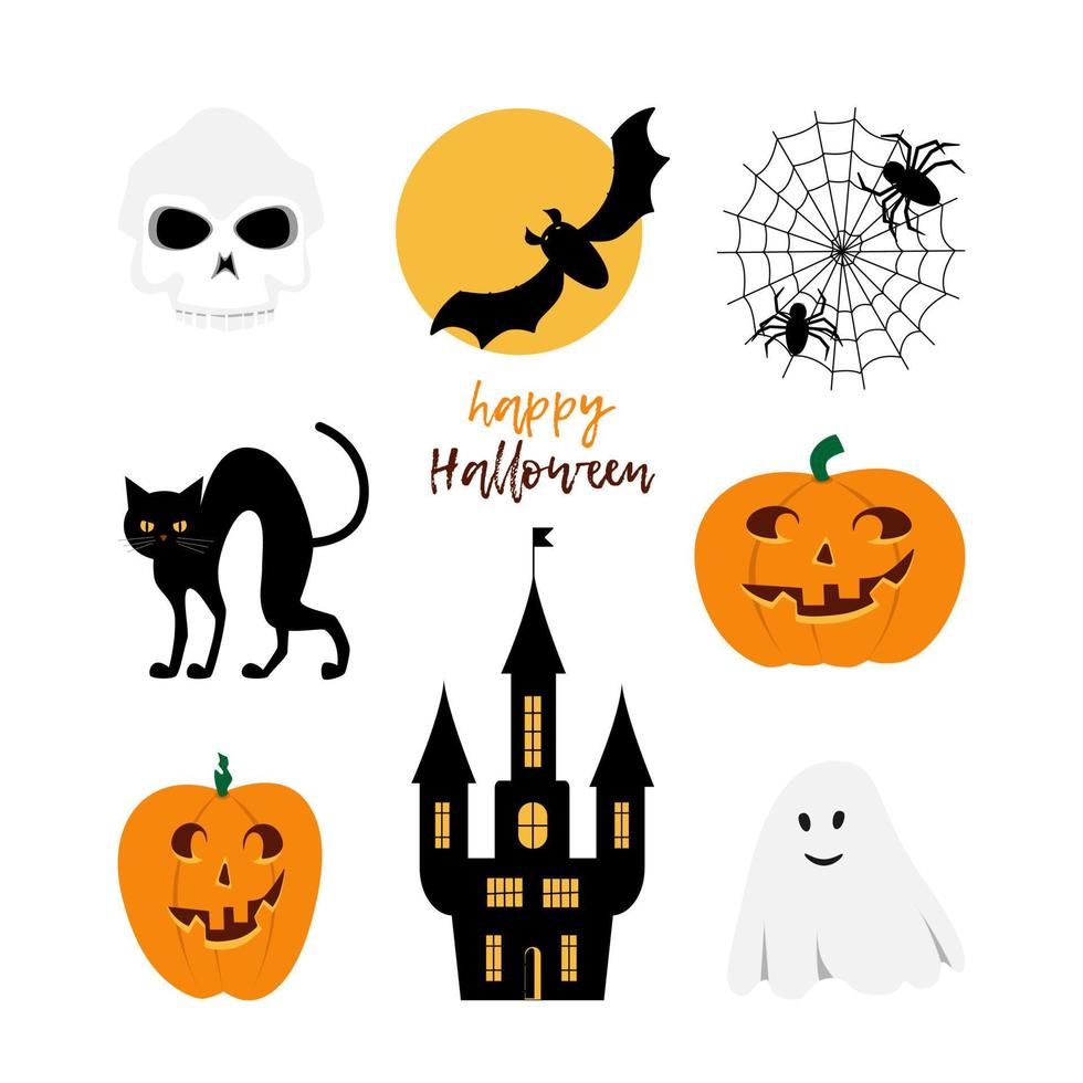 Halloween object vector set of pumpkins, black cat, terrible house, bat on moon, skull, spider on cobweb, happy ghost, for screen or print design