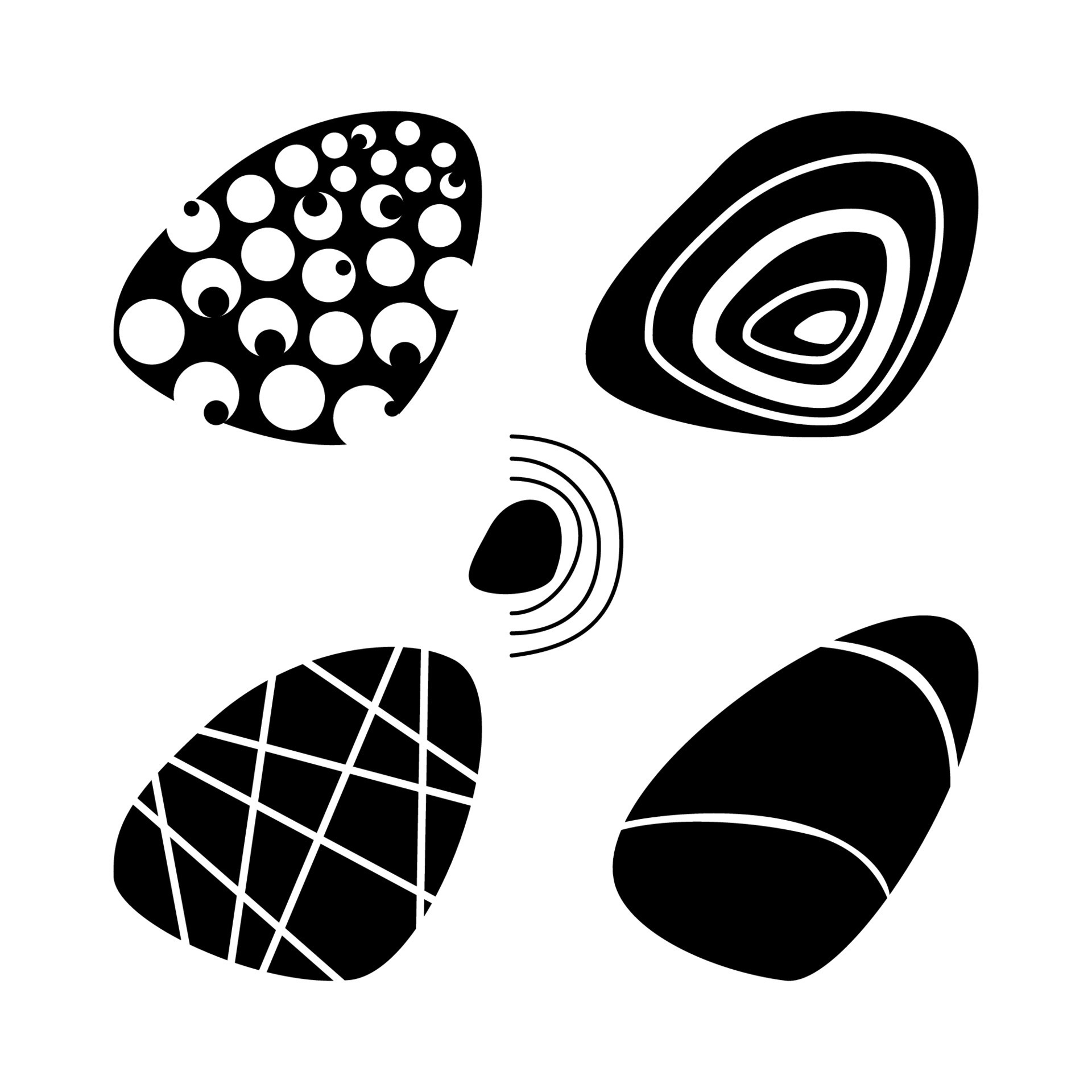 Minimalistic black and white set of graphic vector elements, stones with patterns, for screen
