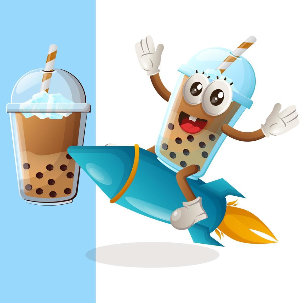 Cute Bubble Tea mascot flying on rocket vector