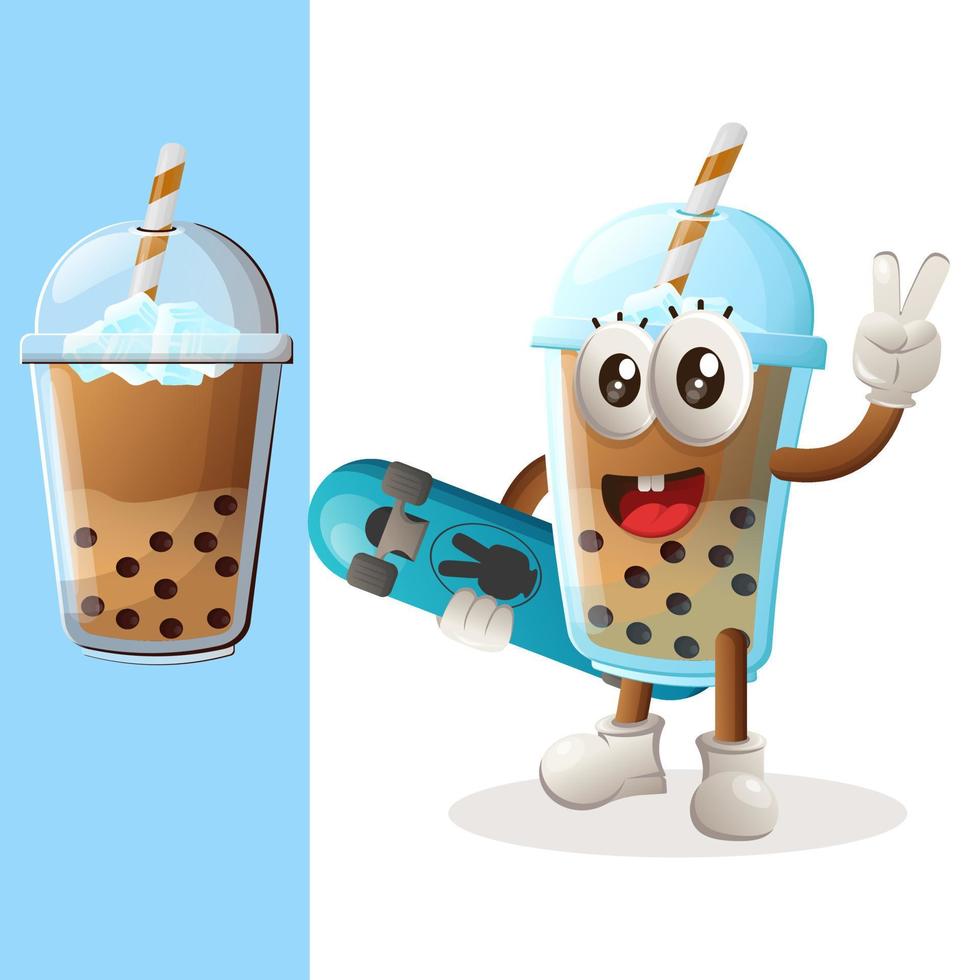 Cute Bubble Tea mascot carrying a skateboard vector