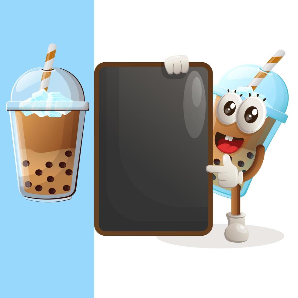 Cute Bubble Tea mascot holding menu black Board, menu board, sign board vector