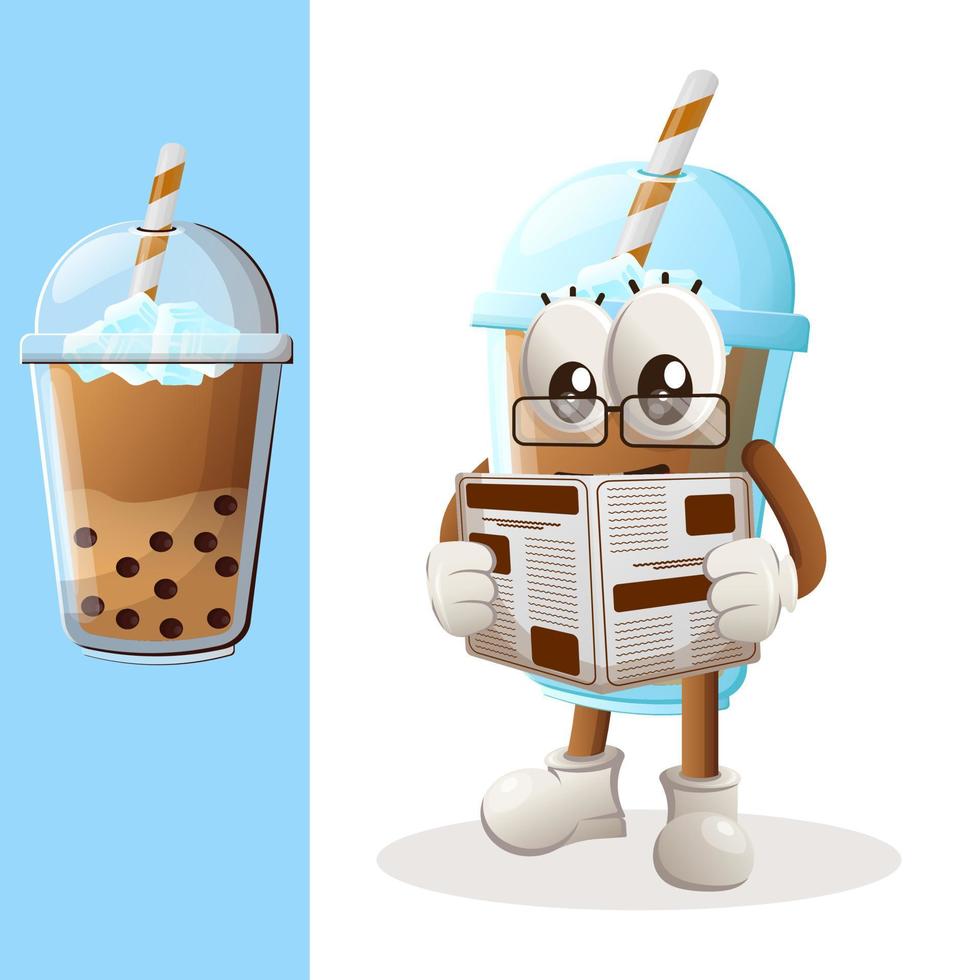 Cute Bubble Tea mascot read newspapers vector