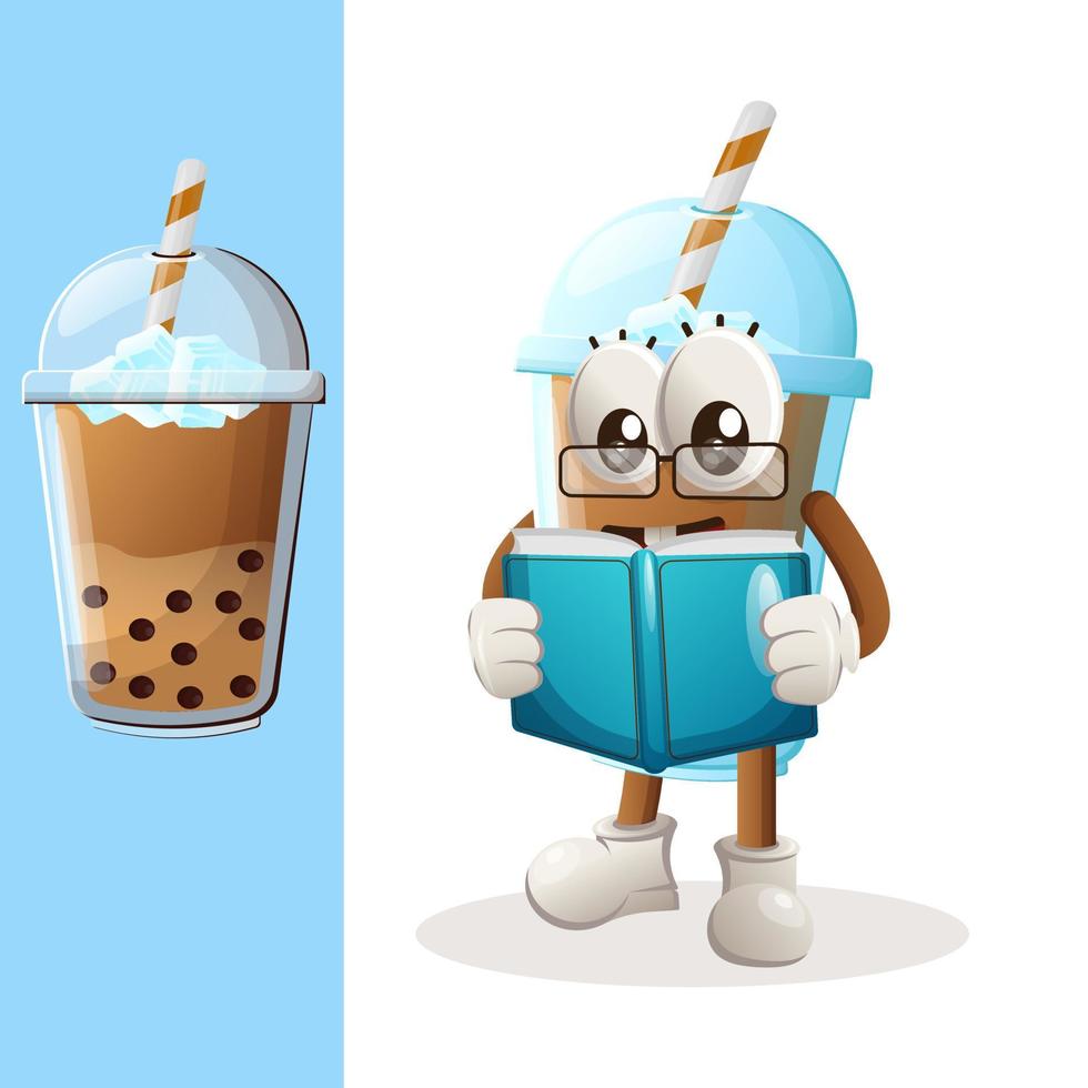 Cute Bubble Tea mascot reading a book vector