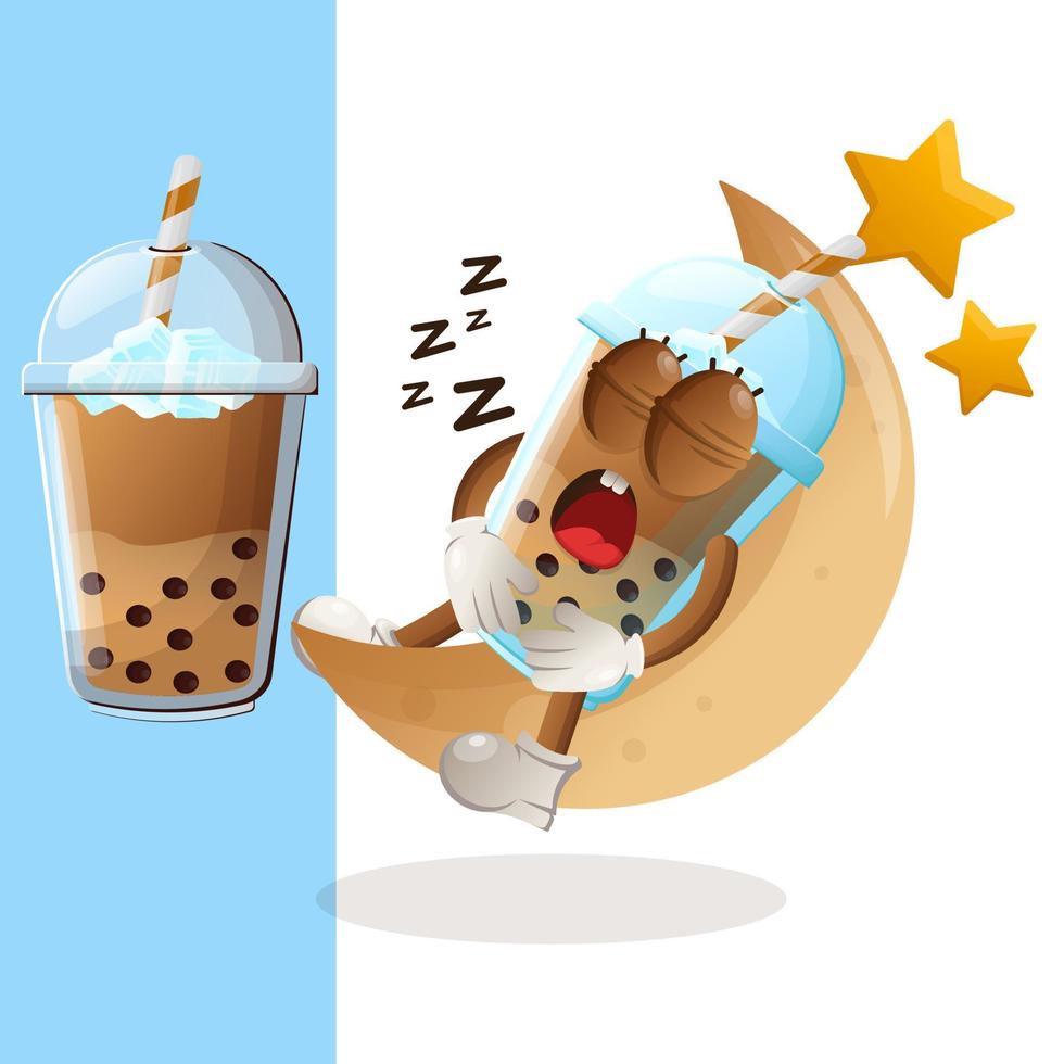 Cute Bubble Tea mascot sleeping, sleeping on the moon vector