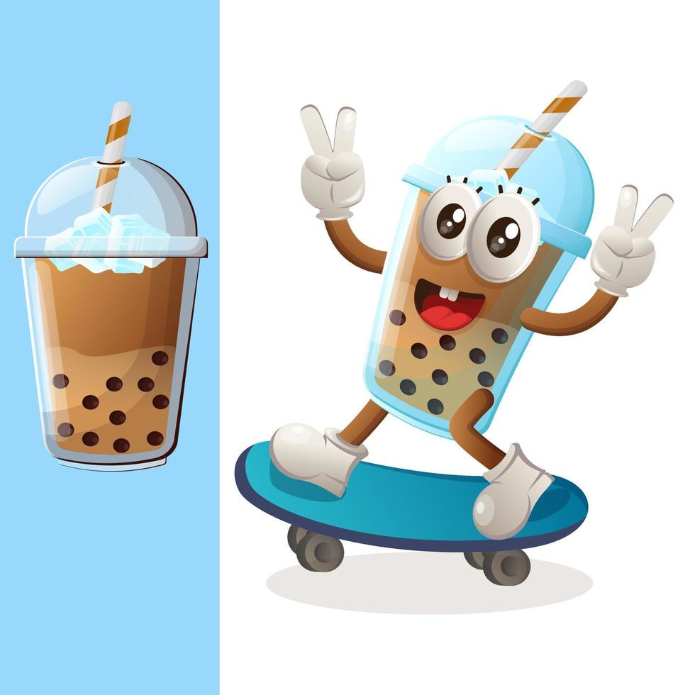 Cute Bubble Tea mascot playing skateboard, skateboarding vector