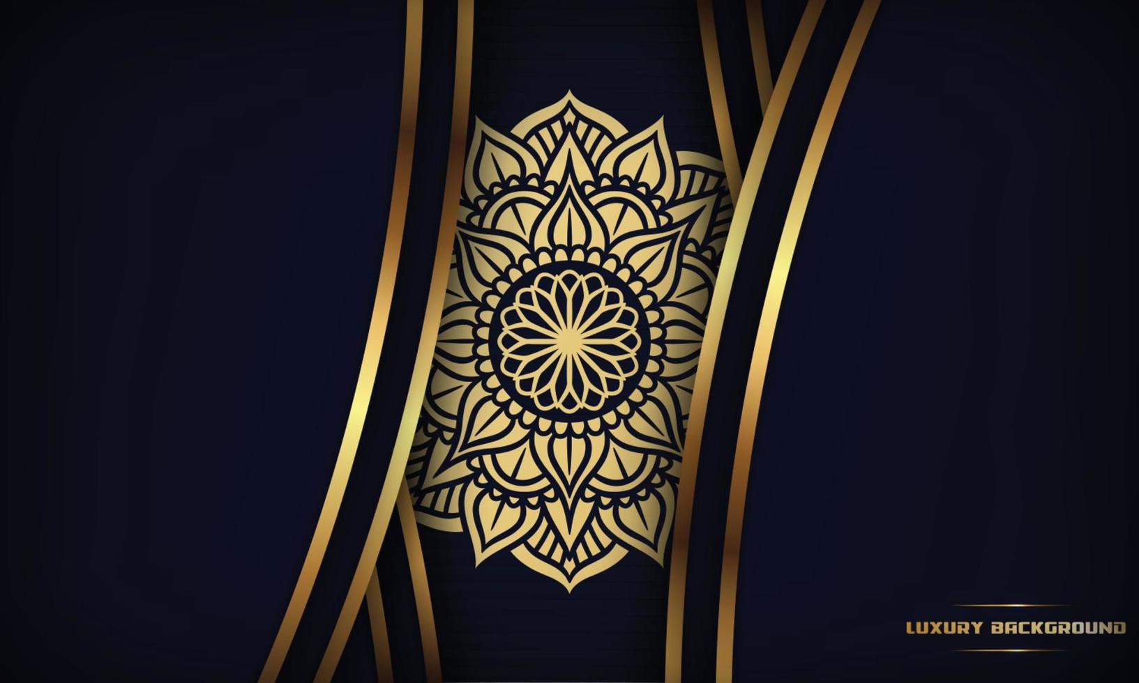 diseño de mandala ornamental de lujo fondo azul oscuro con línea dorada brillante vector