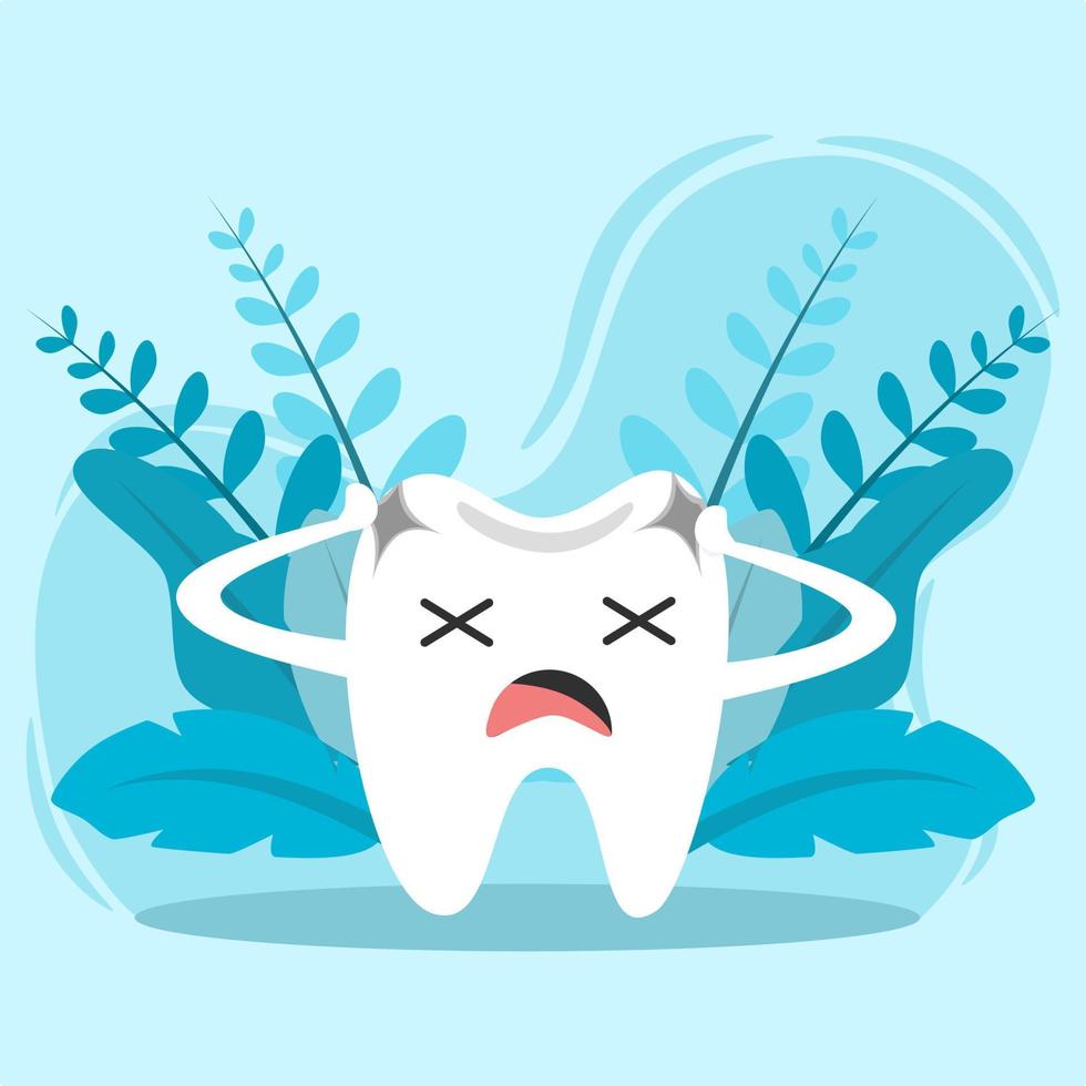 carácter de diente triste con caries, dientes negros y sucios. condiciones de salud dental. expresión de dolor. vector