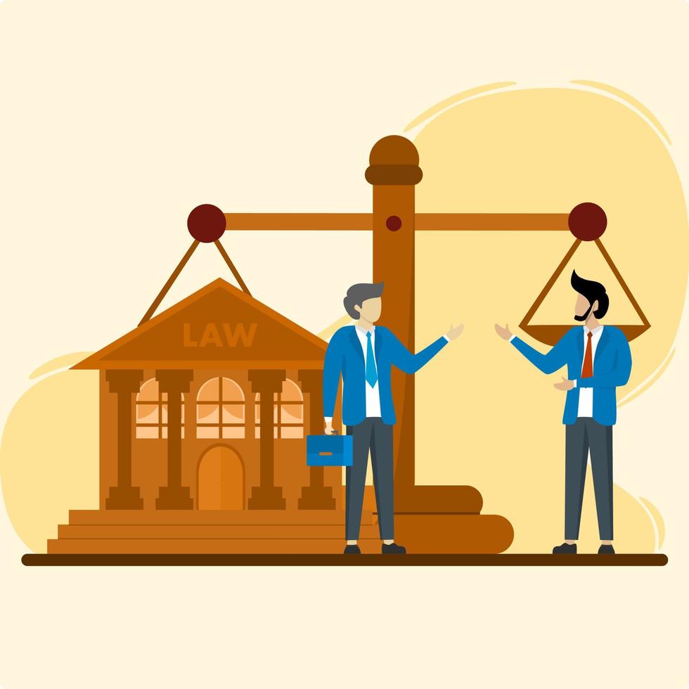 Law and justice scene. consulting lawyers, advising clients, scales of justice. Legal advice concept. Flat cartoon vector illustration and icons set.