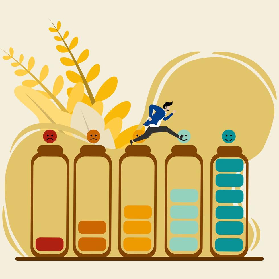 a businessman running on a mood energy battery to a good or full mod. Mental health power concept vector illustration
