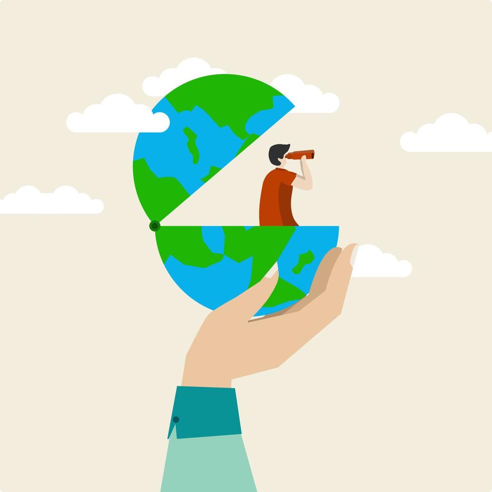 smart businessman standing on globe, businessman using telescope to see future vision or opportunity. Globalization, global business vision, world economy or business opportunity concept vector