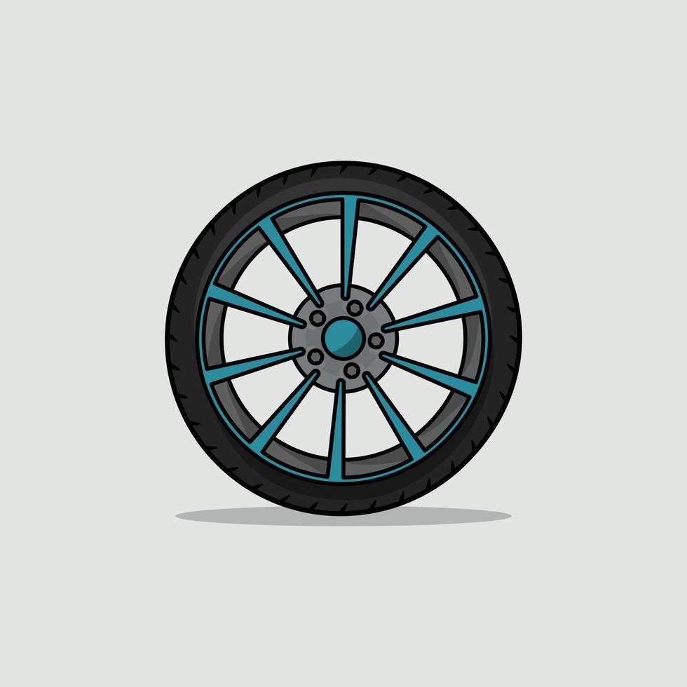 Cartoonish blue alloy car tire wheel isolated vector illustration.