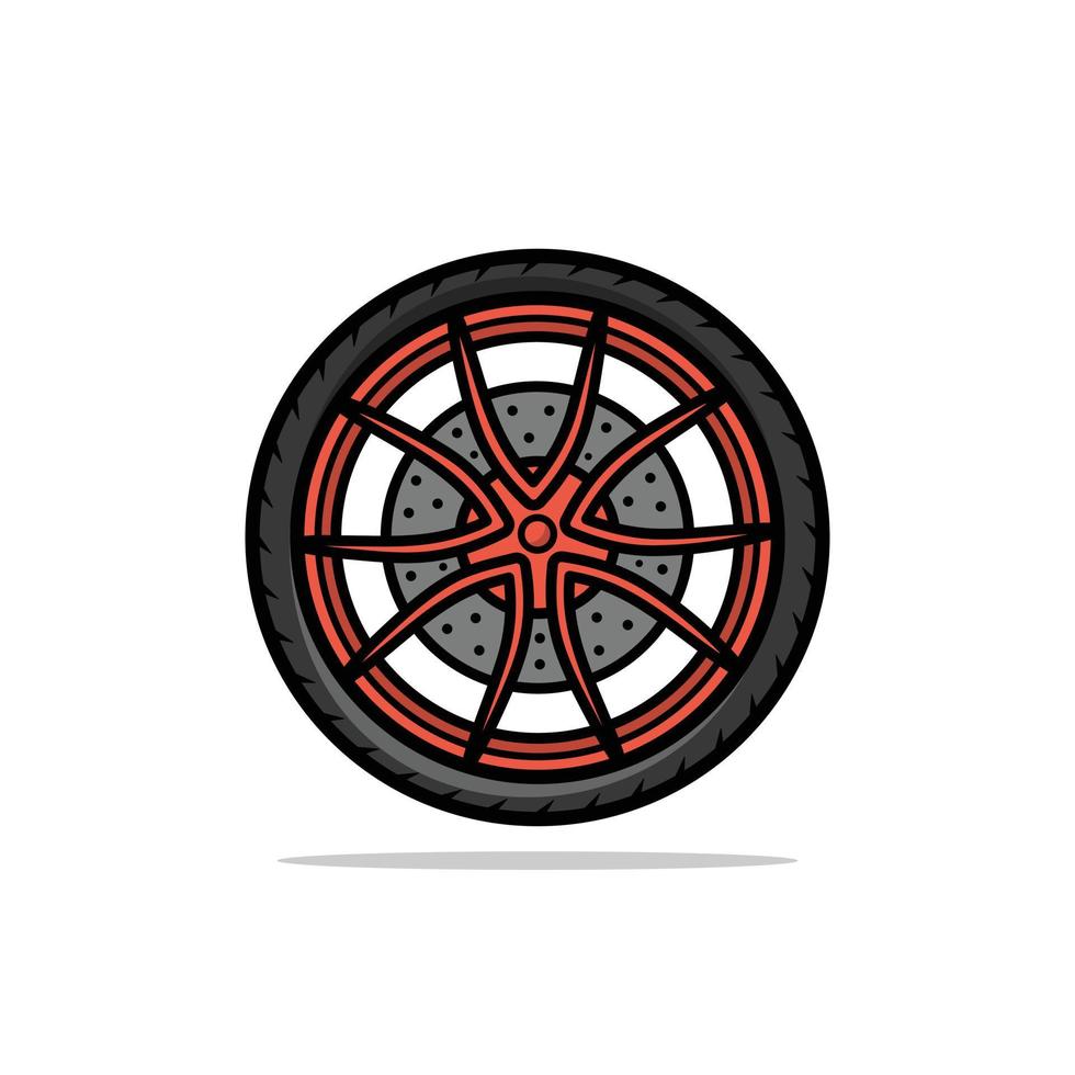 Cartoonish orange alloy car tire wheel isolated vector illustration.