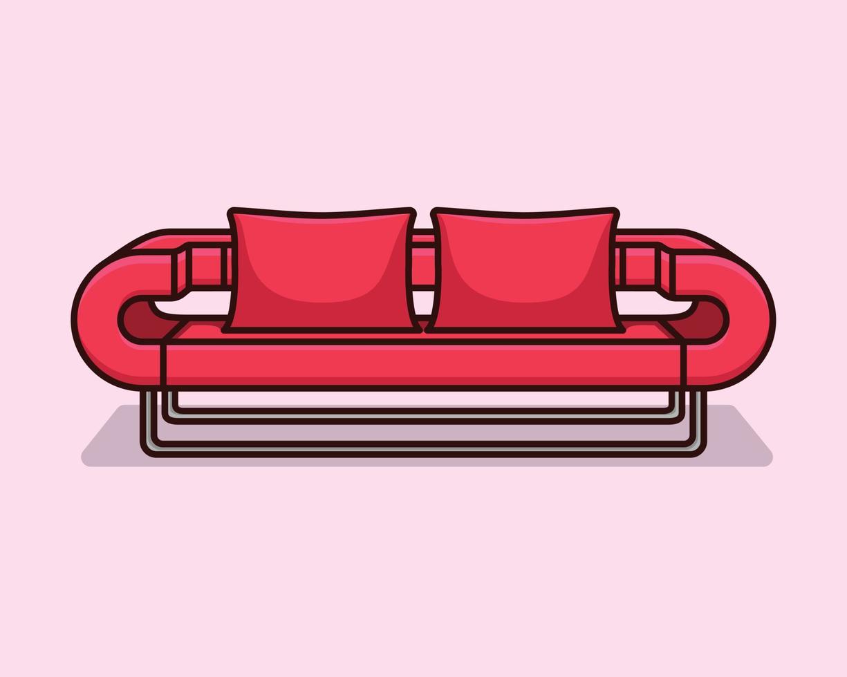 Fashionable comfortable stylish red fabric sofa with gray legs on red background with shadow. Red interior, showroom, single piece of furniture. Vilyura, velvet sofa. Luxury couch front view vector