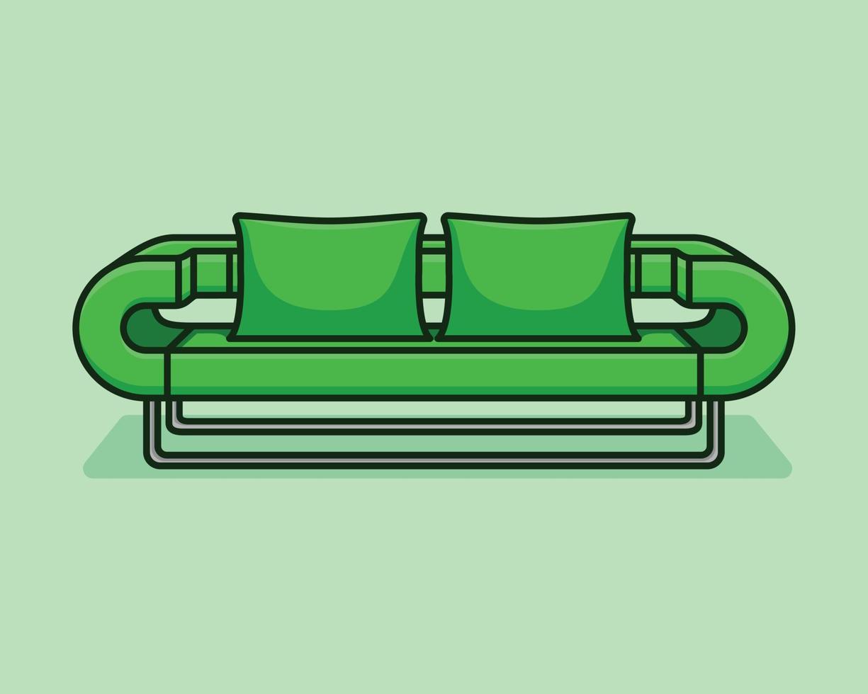 moderno, cómodo y elegante sofá de tela verde con patas grises sobre fondo verde con sombra. interior verde, sala de exposiciones, mueble individual. vilyura, sofá de terciopelo. sofá de lujo vista frontal vector
