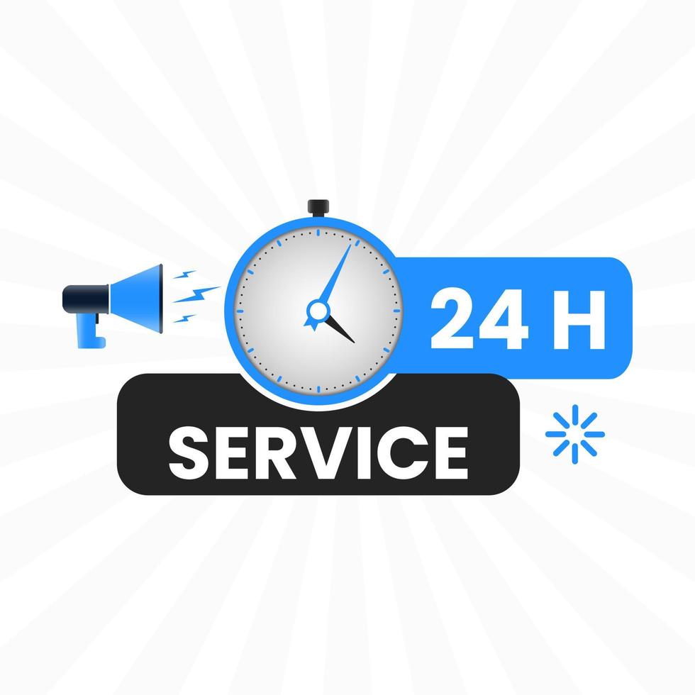 Etiqueta de servicio 24 horas con reloj y megáfono vector