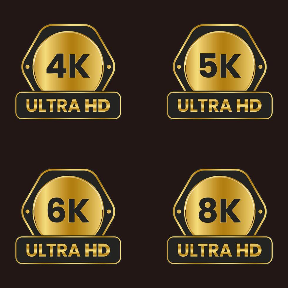 tamaño de video resolución icono etiqueta 4k, 5k, 6k, 8k conjunto de botones ultra hd vector