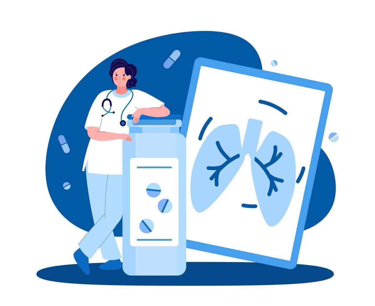 A female medical worker. Pulmonologist with a tablet. The concept of medicine and health. Vector illustration in a flat style on a blue background
