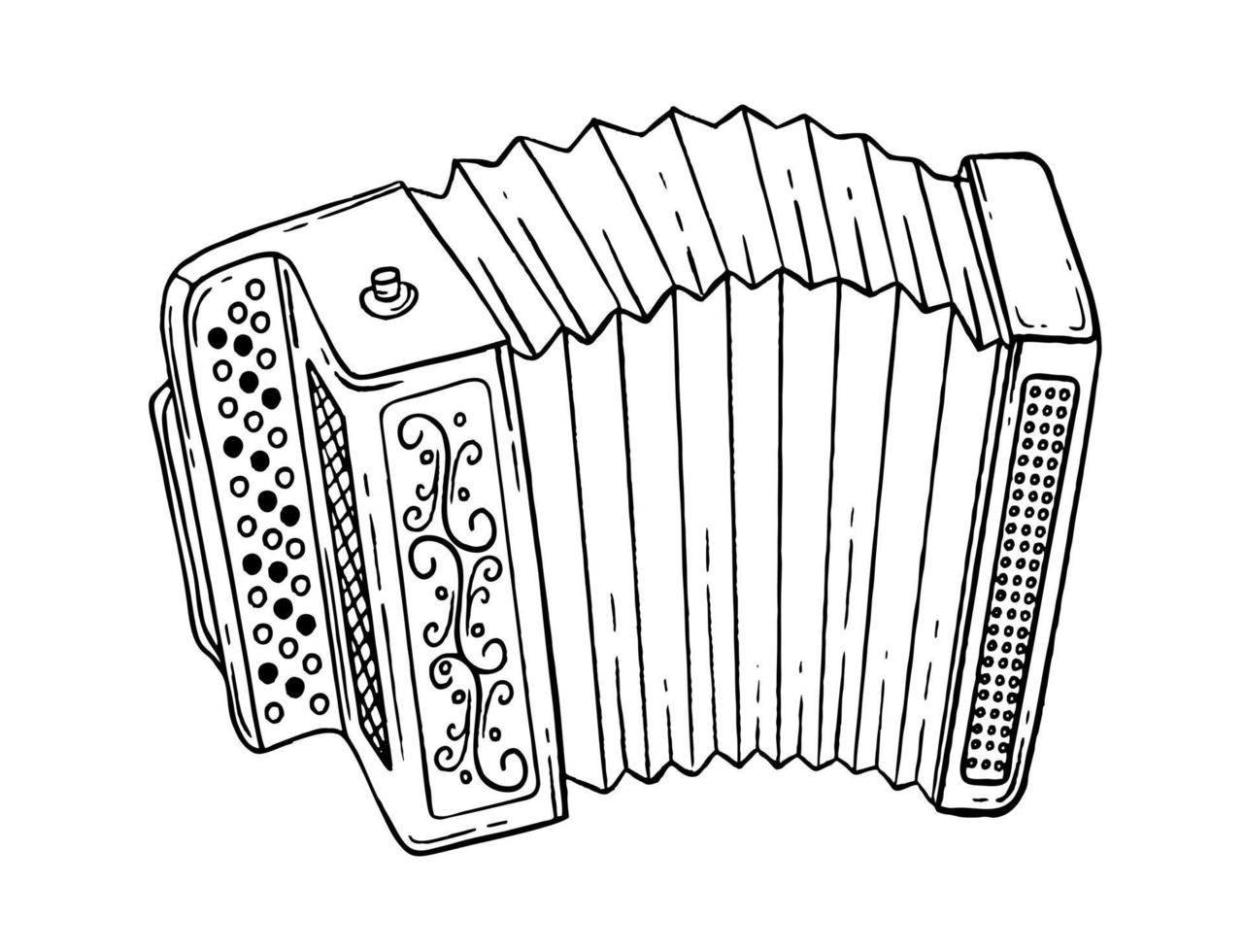 Accordion is a musical instrument in the style of hand drawn. Vector black and white doodle illustration