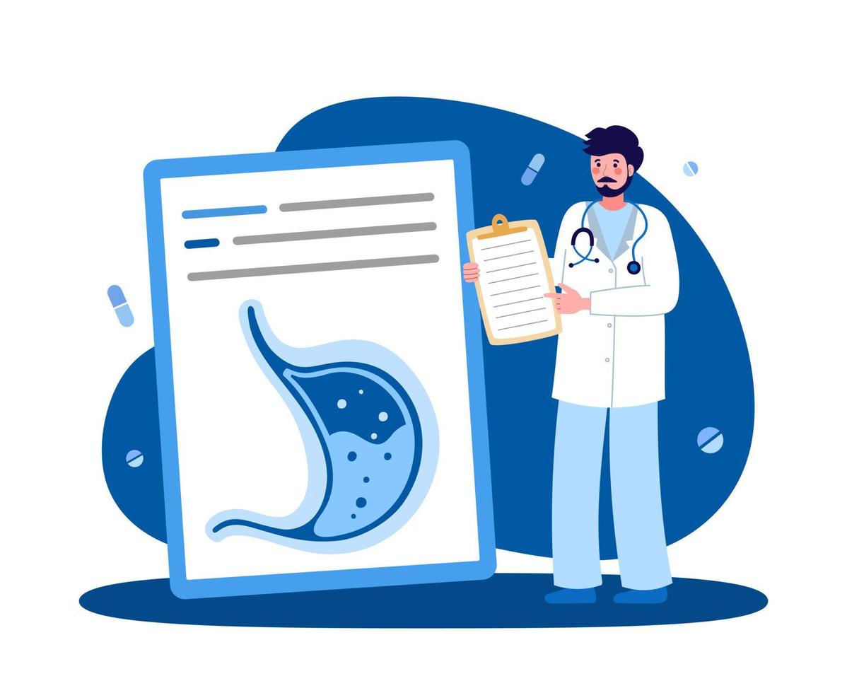 Male medical worker. Gastroenterologist with a tablet. The concept of medicine and health. Vector illustration in a flat style on a blue background