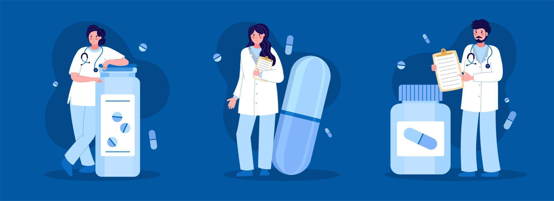 Men, women, medical workers. The concept of medicine and health. Vector illustration in a flat style on a blue background