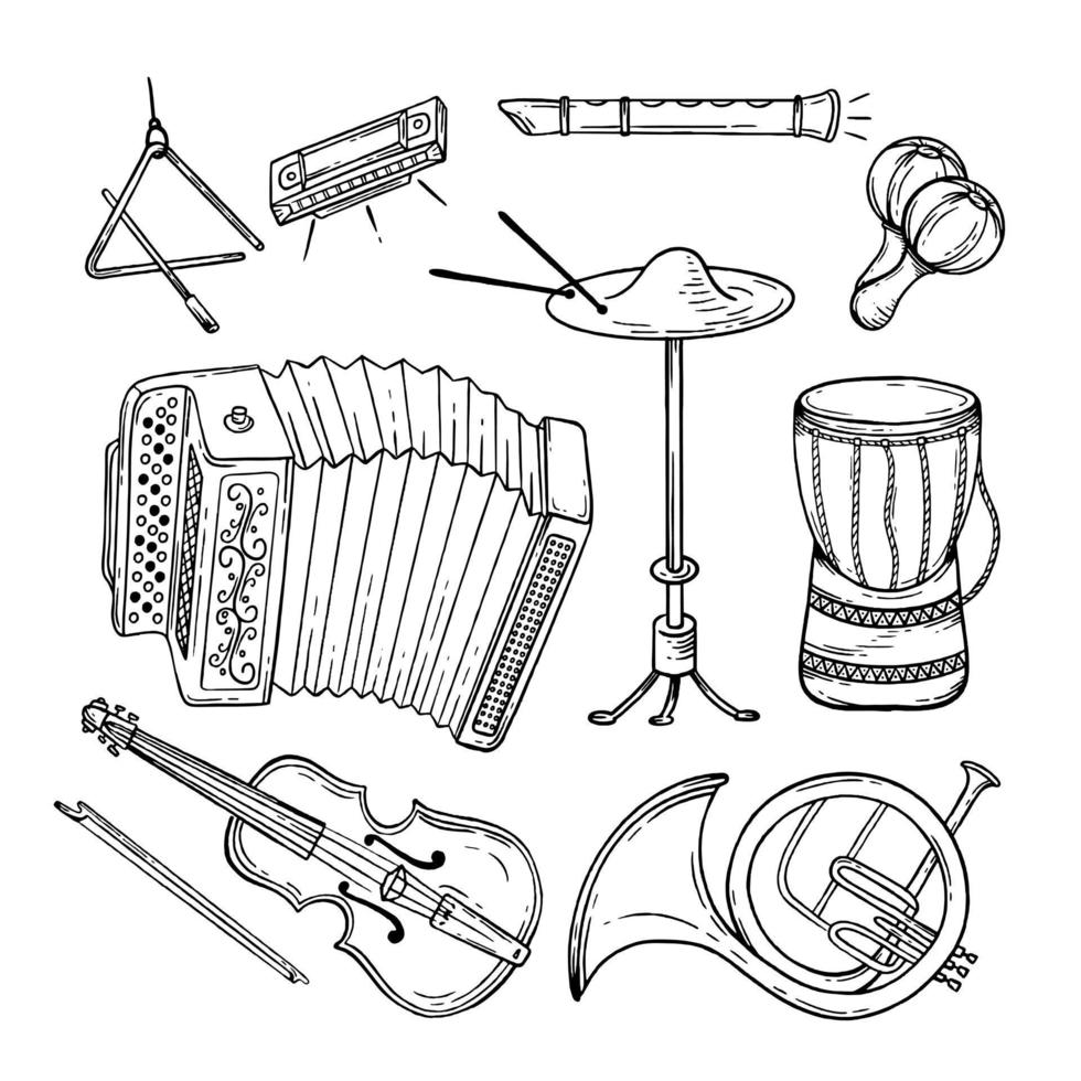 Set musical instruments hand drawn style. Vector black and white doodle illustration