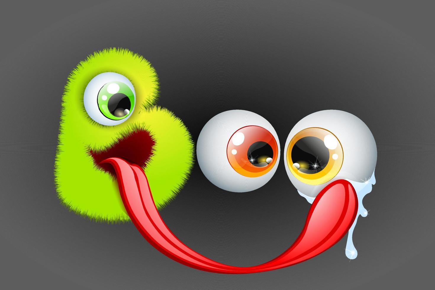 Cute fluffy little green cartoon monster licking eyes. BOO word for Halloween. vector