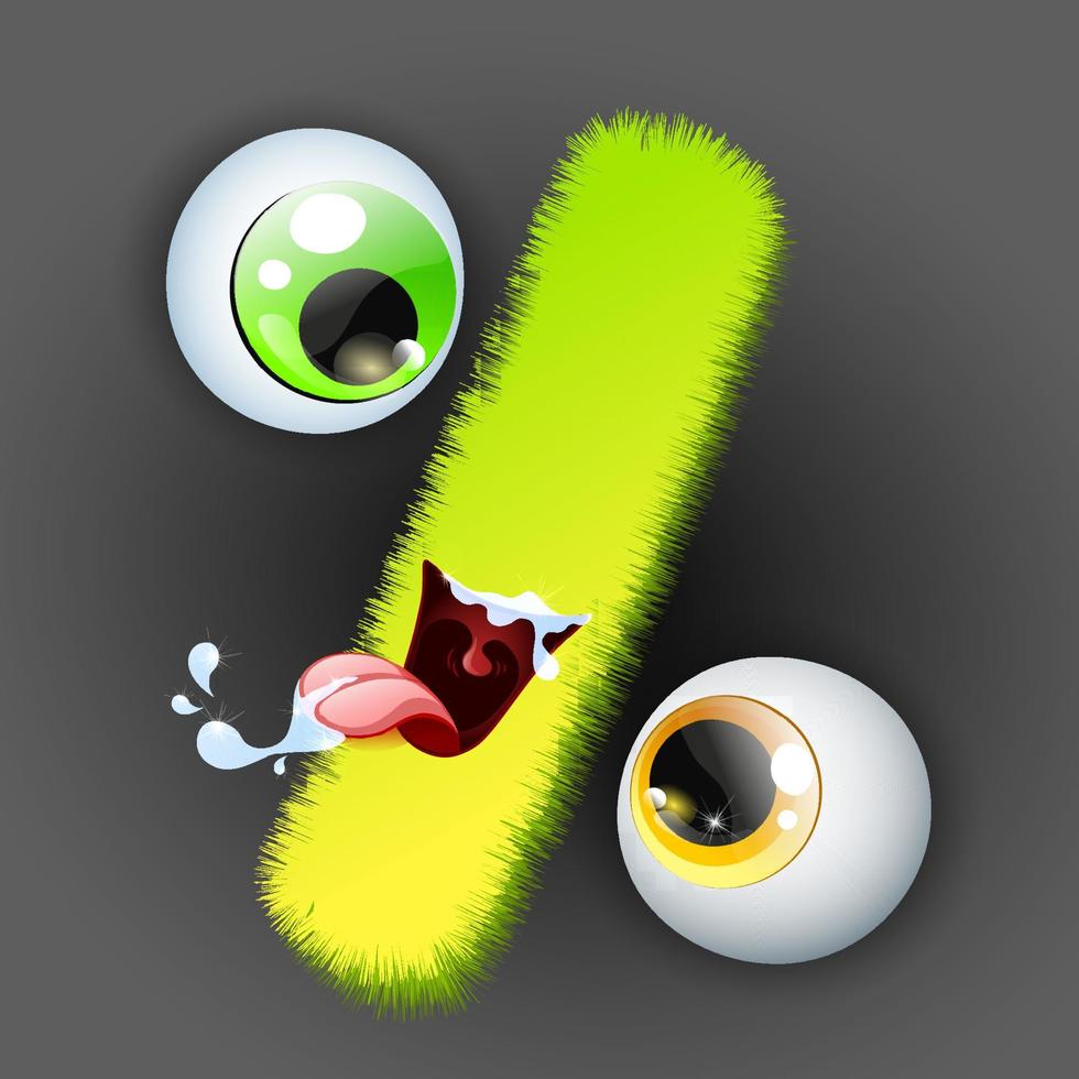 Cute fluffy little green cartoon monster percent sign with spittle. Halloween concept. vector