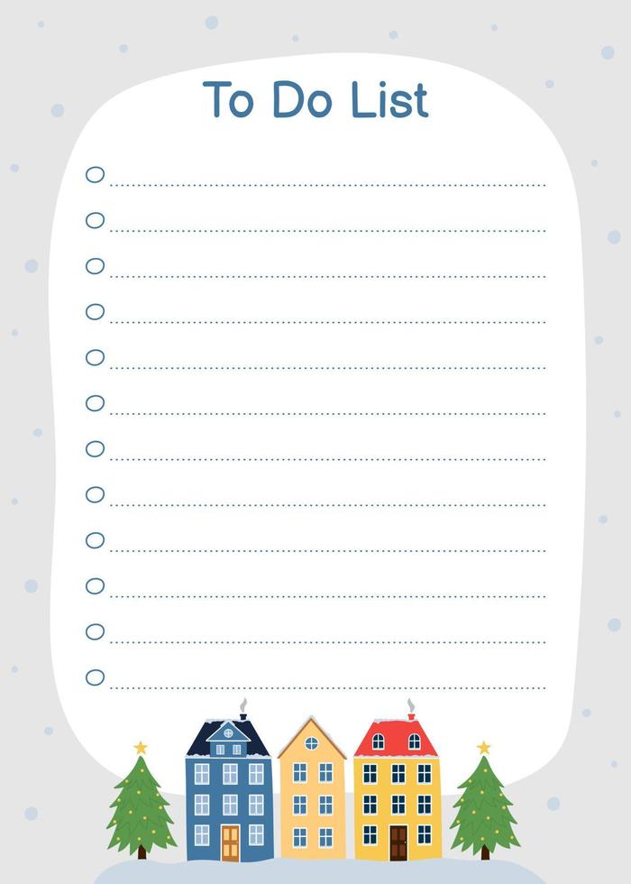 Template for To Do List with cute winter houses and christmas tree. vector
