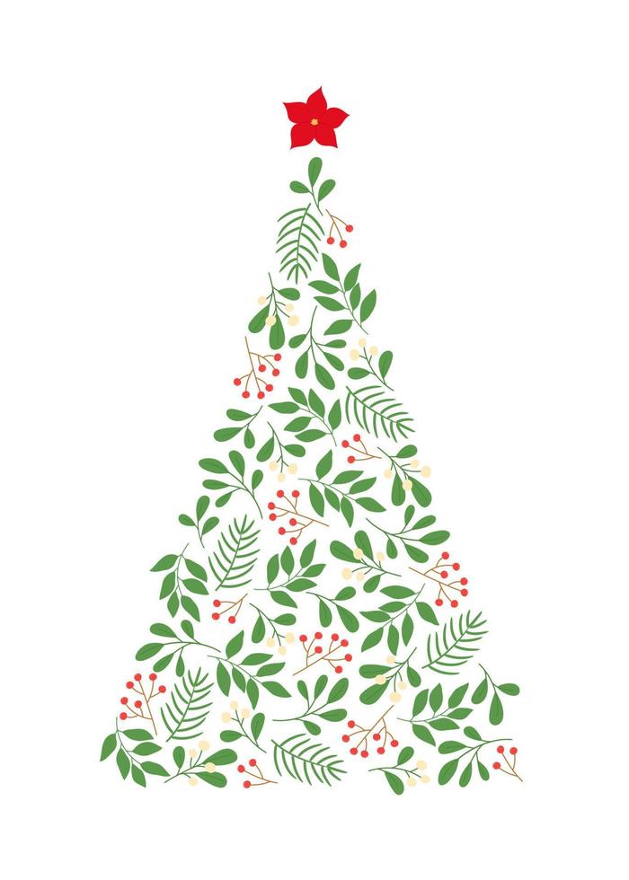 Christmas tree silhouette with winter twigs and berries pattern. Template for greeting cards, invitation, poster, banner, flyer. Isolated vector illustration