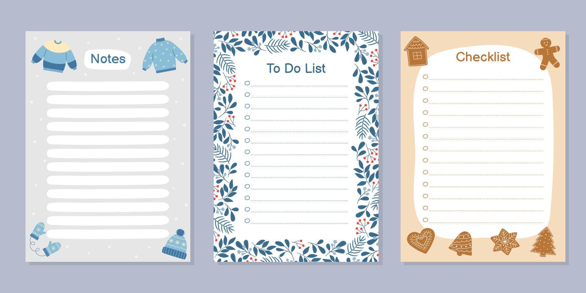 conjunto de tarjetas para hacer lista, lista de verificación y notas. plantilla con lindos elementos de invierno vector