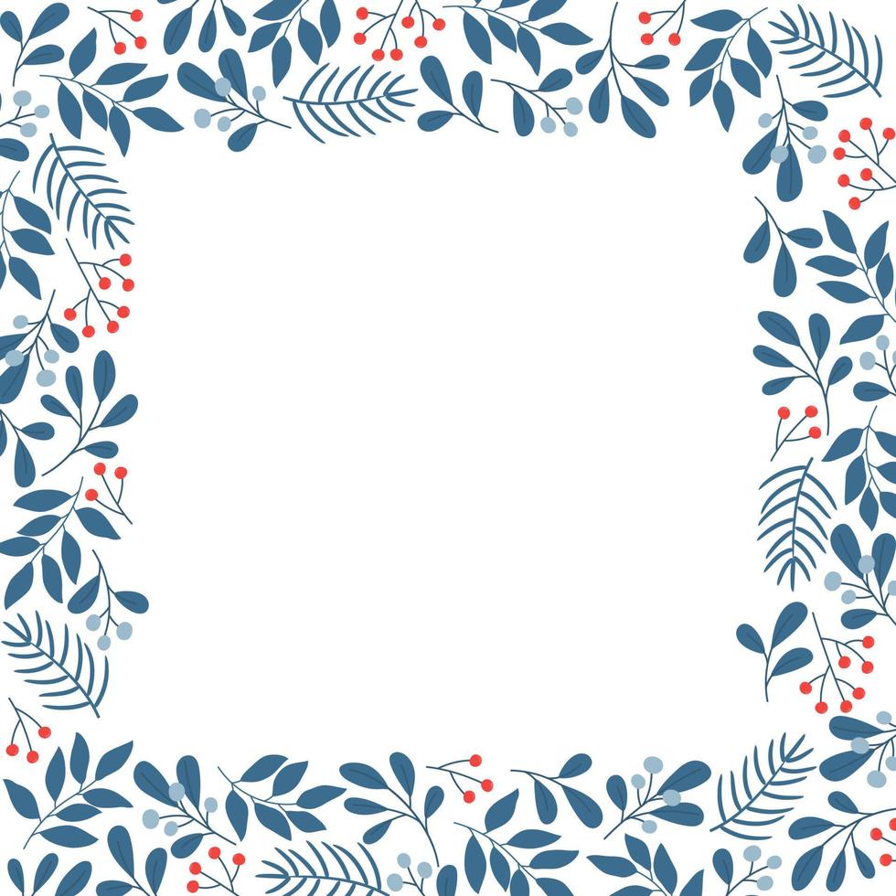 Square winter frame with mistletoe, twigs and berries. Template for Christmas greeting card, invitation, poster, banner. Isolated vector illustration.