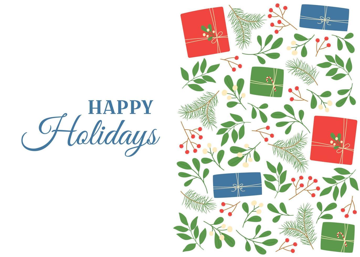 tarjeta de felicitación de navidad y año nuevo. ramitas de invierno, bayas y cajas de regalo. estilo plano felices vacaciones vector