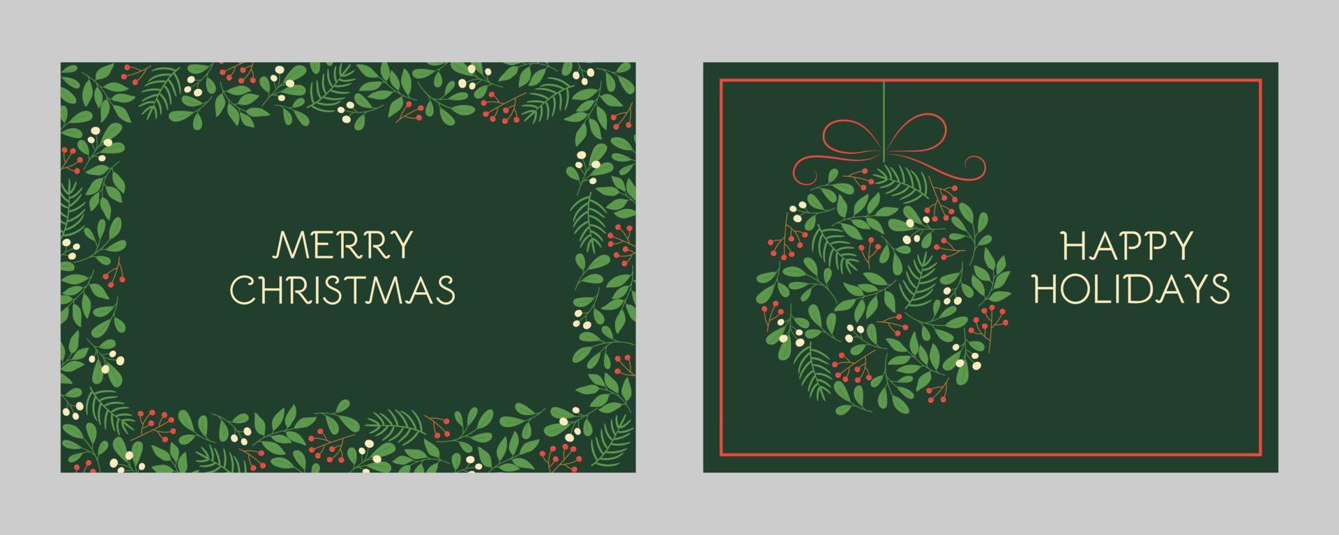 Set of holidays greeting cards with floral frames and Christmas ornament. Winter twigs patterns in green colors vector