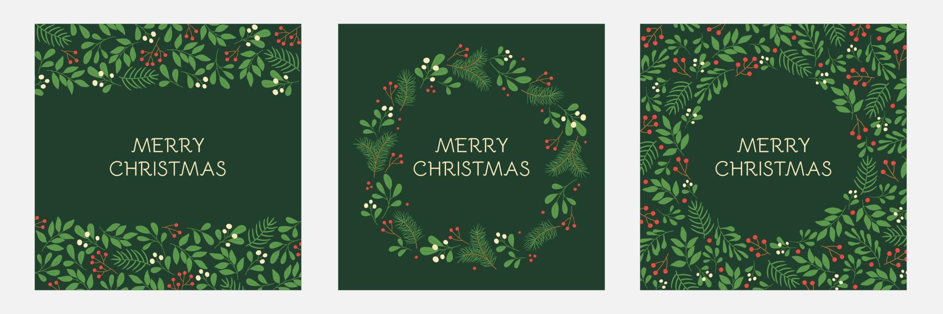 conjunto de tarjetas de felicitación navideñas con marcos florales y adornos navideños. patrones de ramitas de invierno en colores verdes. vector