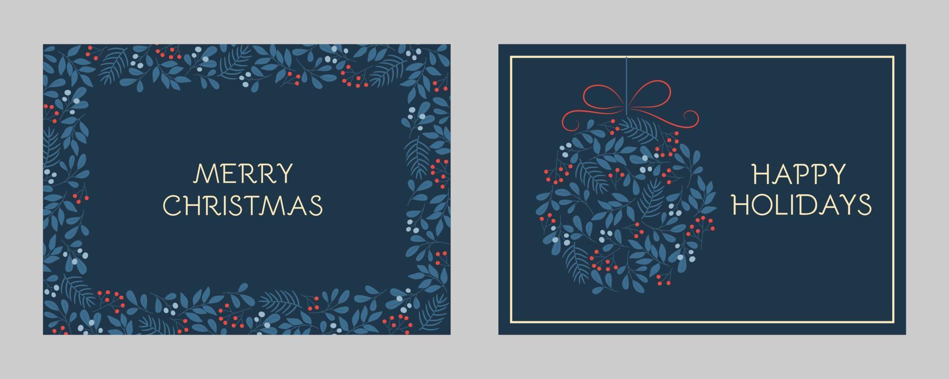 conjunto de tarjetas de felicitación navideñas con marcos florales y adornos navideños. patrones de ramitas de invierno en colores azules vector