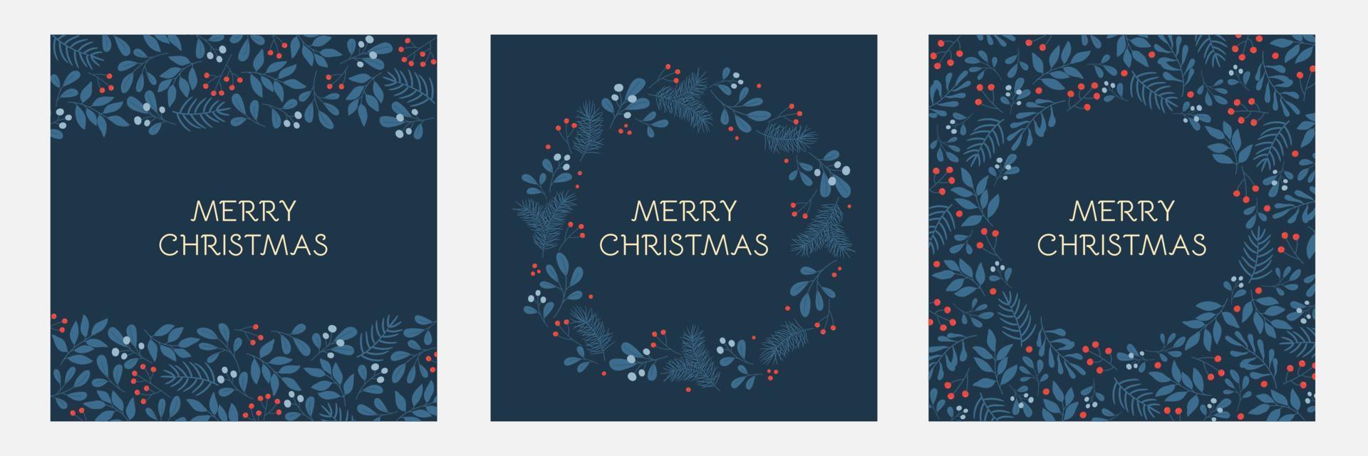 conjunto de tarjetas de felicitación navideñas con marcos florales y adornos navideños. patrones de ramitas de invierno en colores azules. vector