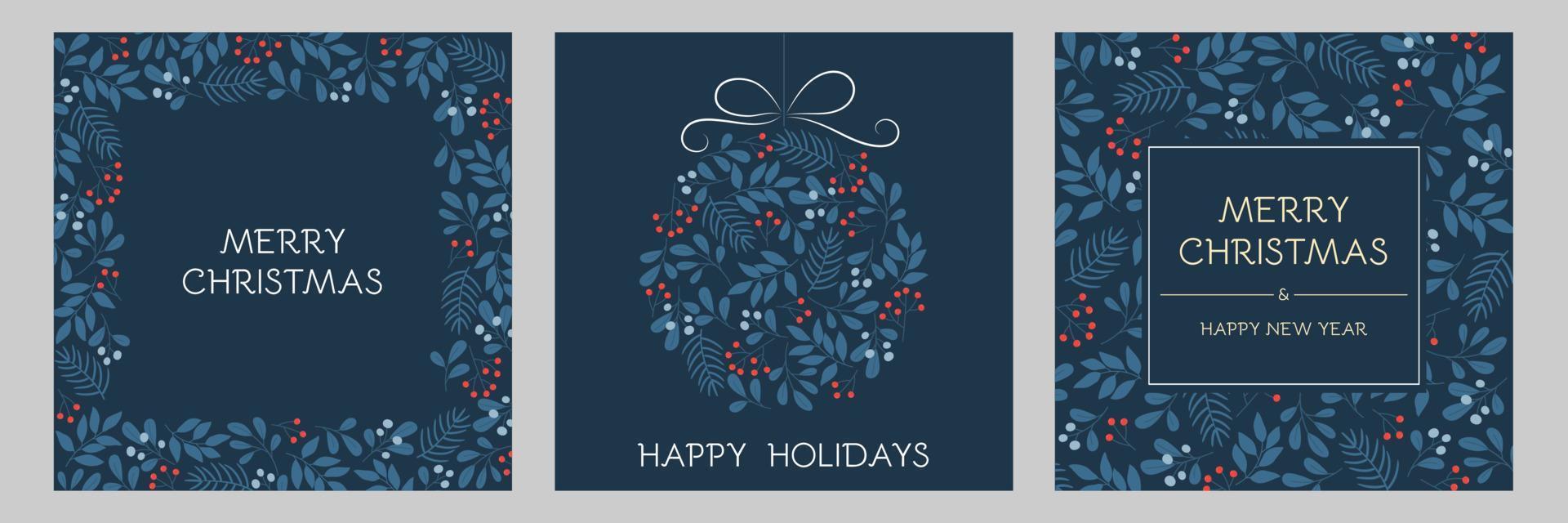 Set of holidays greeting cards with floral frames and Christmas ornament. Winter twigs patterns in blue colors. vector