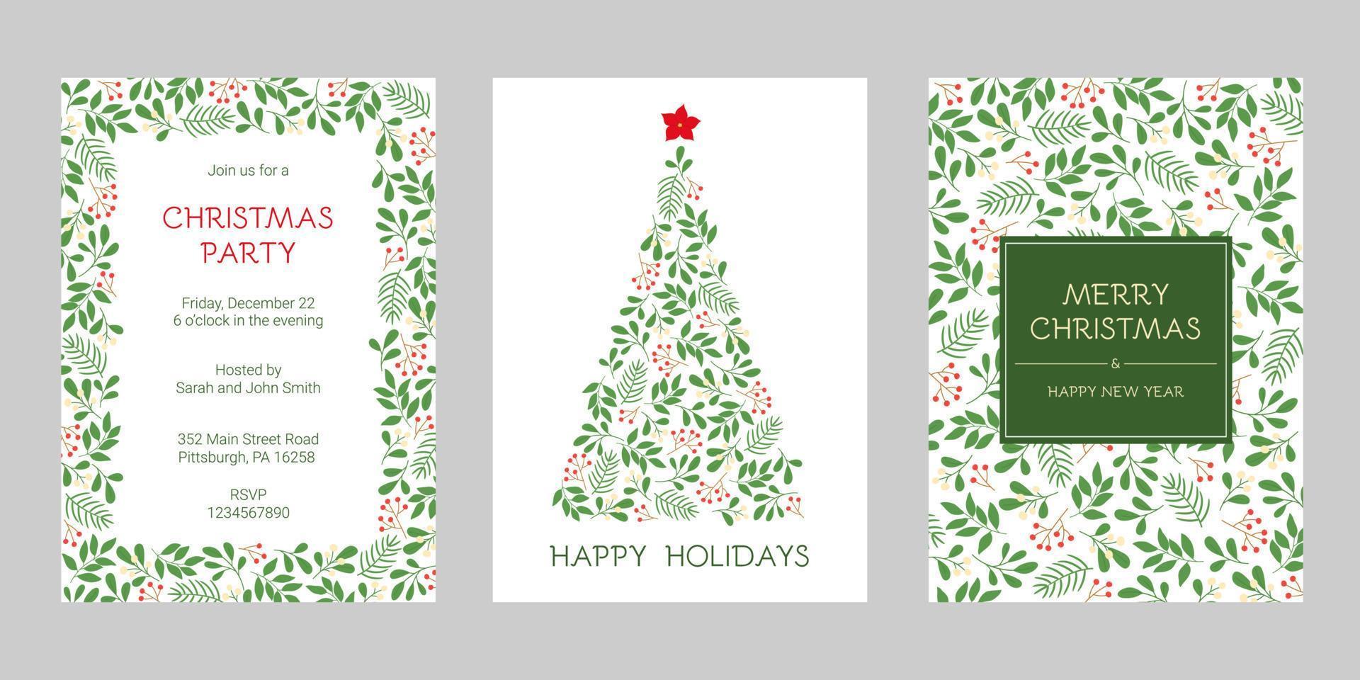 Set of holidays greeting cards with floral frames and Christmas ornament. Winter twigs patterns in green colors. vector