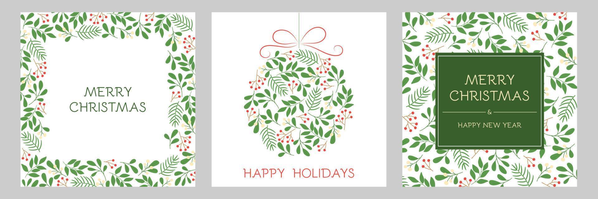 Set of holidays greeting cards with floral frames and Christmas ornament. Winter twigs patterns in green colors. vector
