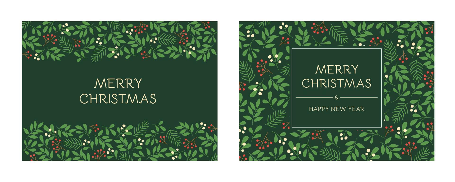 conjunto de tarjetas de felicitación navideñas con marcos florales y adornos navideños. patrones de ramitas de invierno en colores verdes vector