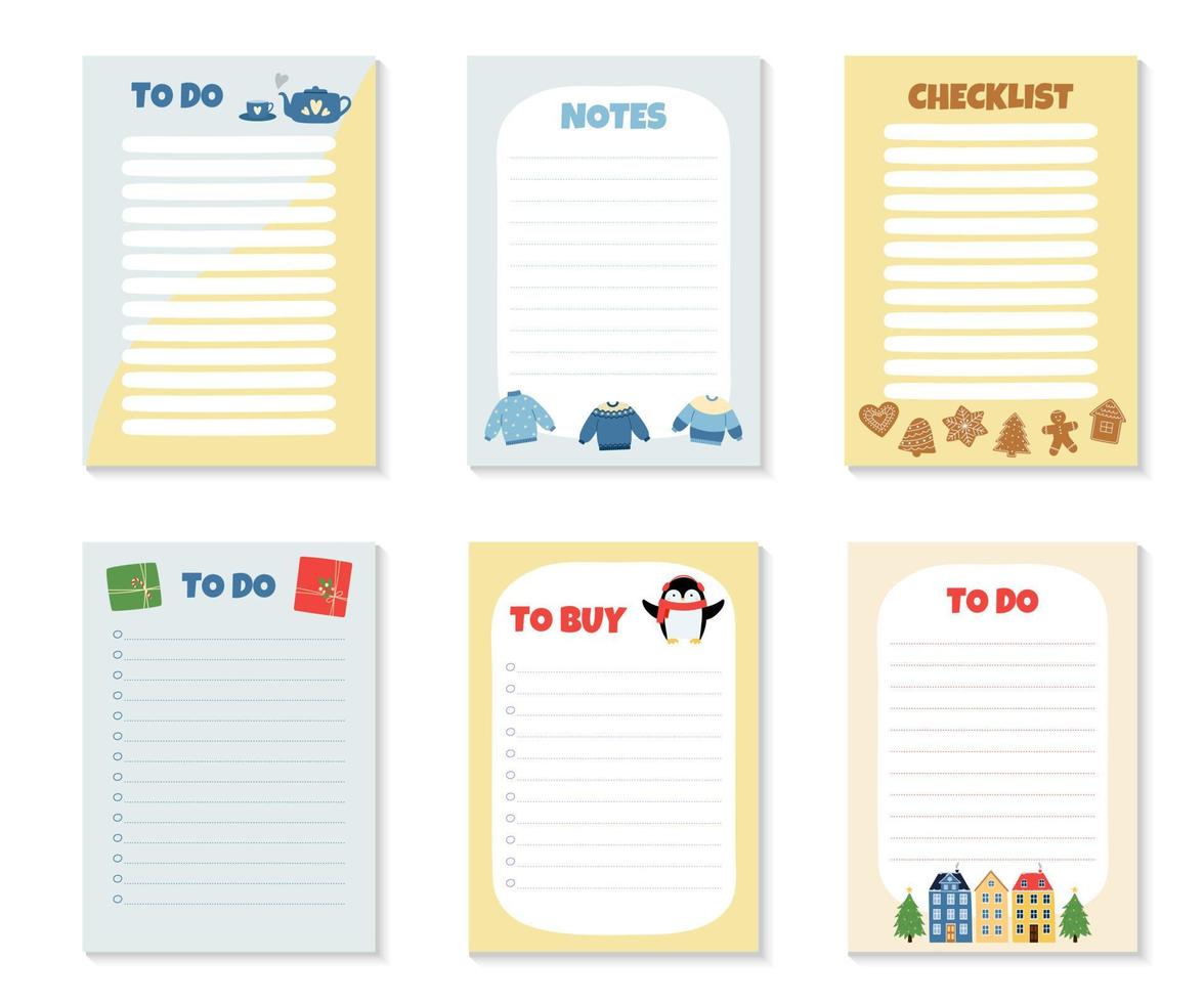 Set of cards for To Do, To Buy Lists and Checklist. Template with cute winter elements vector