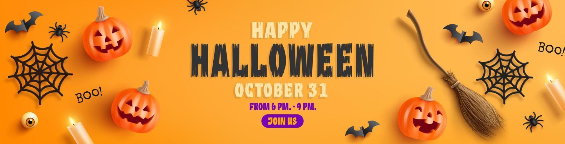 Happy Halloween banner template with halloween pumpkin, Witch Broom and Halloween Elements on orange background. Website spooky,Background or banner Halloween template vector