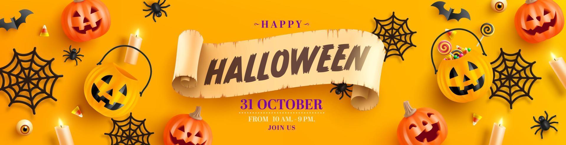 feliz plantilla de banner de halloween con calabaza de halloween y elementos de halloween sobre fondo naranja. sitio web espeluznante, fondo o banner plantilla de halloween vector