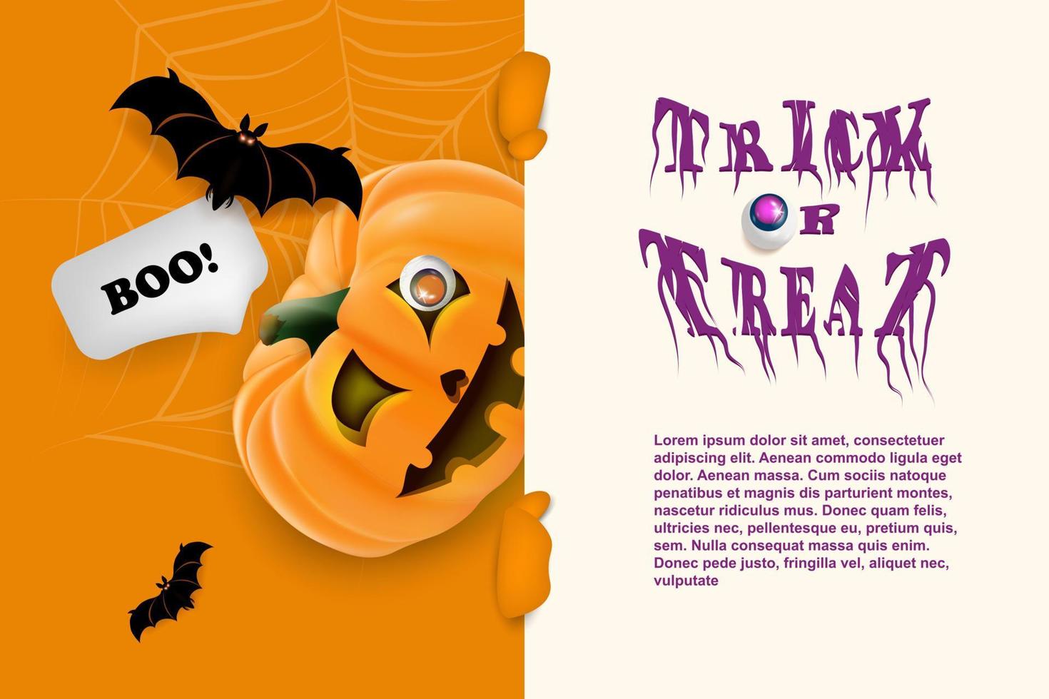 plantilla de banner de halloween con calabaza, bocadillo y murciélagos. calabaza realista con una sonrisa aterradora en la cara asomándose por detrás de una pancarta. pancarta, afiche, folleto, volante. vector