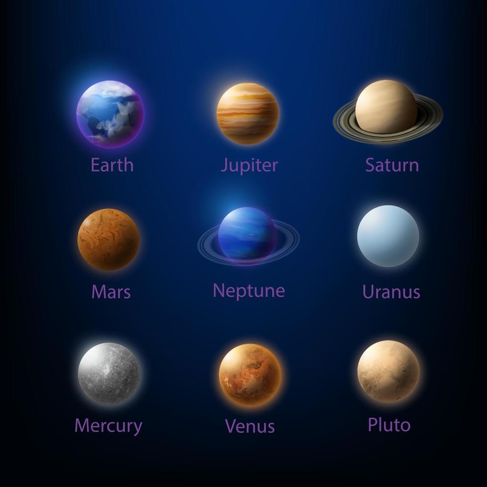 Vector realistic, 3d set of solar system planets. Illustration of nine planets with an inscription on a dark blue background for teaching astronomy.