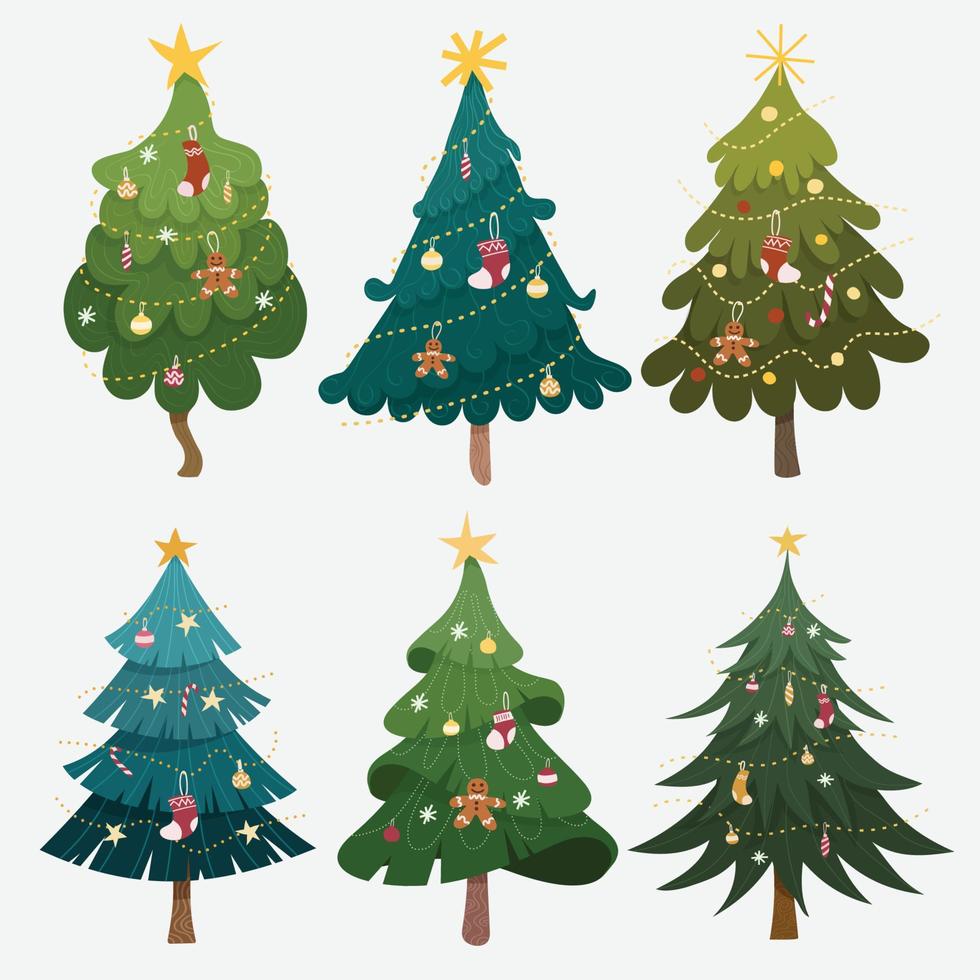 Hand drawn flat christmas trees collection vector