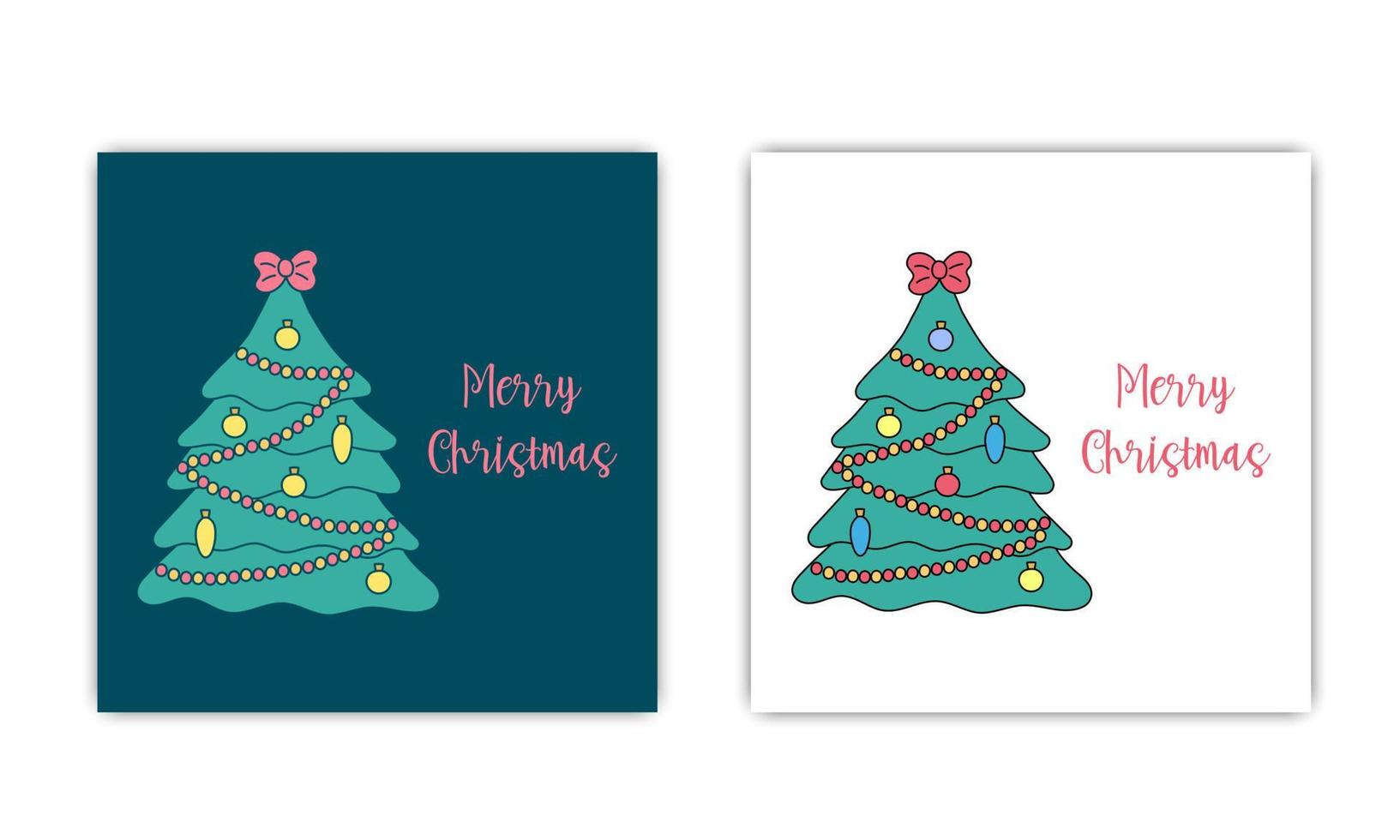 Merry Christmas greeting cards set. Decorated doodle Xmas tree and text. Vector illustration of fir tree with bow, garlands and decorations. Cute cartoon holiday symbol on dark and white background