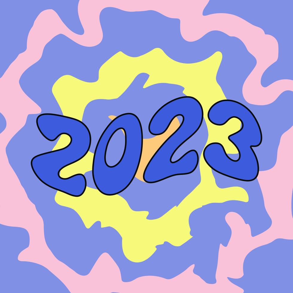 2023 numbers on abstract trippy background. New Year 2023 lettering vibrant poster. Vector illustration in trendy psychedelic design. 60s 70s style positive poster